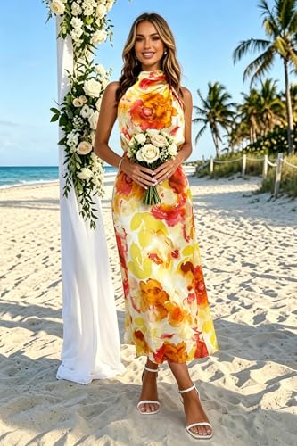 Image of Women's Satin Maxi Dress Summer Formal Wedding Guest Cocktail Dress | Mock Neck Sleeveless,Elegant Silk Midi Long Dress,High Neck,Halter,Aline,Bridesmaid,Bridal Shower Guest,Garden Party,Dinner