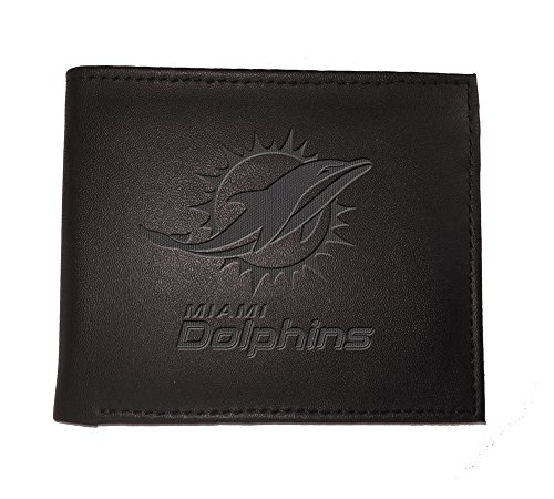 Team Sports America NFL Miami Dolphins Black Wallet | Bi-Fold | Officially Licensed Stamped Logo | Made of Leather | Money and Card Organizer | Gift Box Included