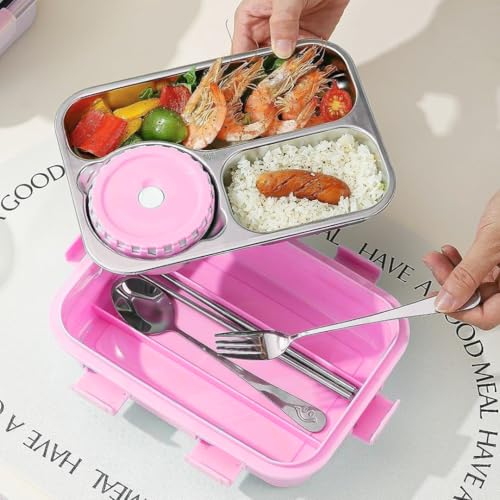 Image of Storio Lunch Box 3 Compartments 750ml | Leak-Proof BPA-Free Stainless Steel /Plastic Lunchbox for Kids, School & Office | Tiffin Box with Extra Small Container | Durable & Easy to Clean - Pink