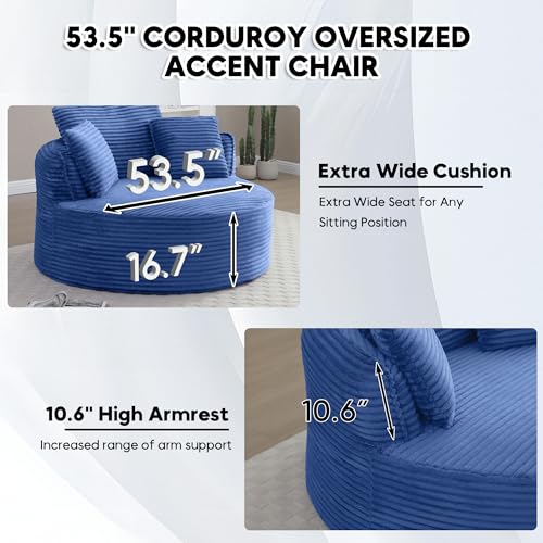 Image of Oversized Round Chair Lounge Chaise Indoor, 53.5 inch Upholstered Corduroy Deep Seat Single Cloud Sofa Chair, Fluffy Modern Large Circle Boneless Sleeper Sofa for Living Room, Bedroom, Blue