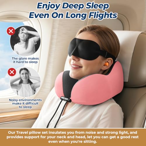Image of ExploreBliss Travel Pillow, Memory Foam Neck Pillow Airplane, Pink | Travel Pillows for Airplanes, Neck Pillow Airplane, Memory Foam Neck Pillow Set with Eye Mask, Earplugs
