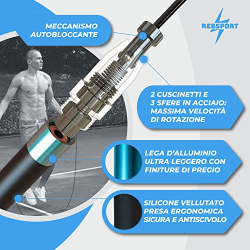 Corda per Saltare Professionale da Crossfit REBSPORT Regolabile e Autobloccante con Polsini in Regalo e 2 Cavi in Acciaio da 2.5mm ideale per double under