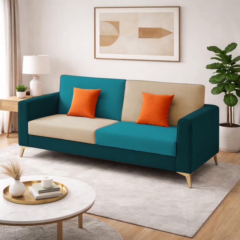 Image of Adorn India Premium Harlem 3 Seater Sofa | Velvet Suede Upholstery | 3-Year Warranty | Ocean Blue, Aqua Blue & Beige with Gold Legs & Cushion
