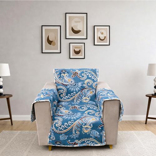 Image of Homerz Premium 1 Seater Quilted Reversible Sofa Cover Mat with Pocket Arms | Polyester Blend 350 GSM Full Coverage & Back Belt for Stability (Floraya, 1 Seater)