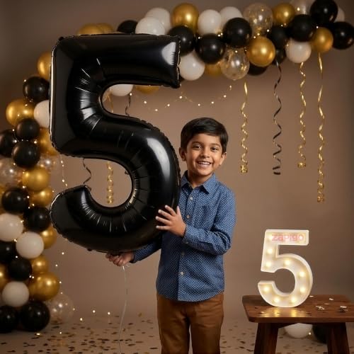 Image of Balloonistics Black 40-Inch Foil Number 5 Balloon with Matching LED Marquee Light - Combo Set for 5th Birthday, Anniversary, Party Decoration, Photo Booth Backdrop