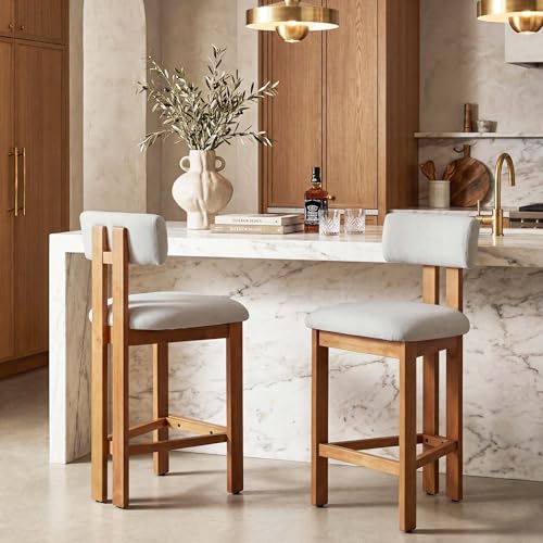 younturn Retro Mid Century Bar Stools Set of 2 Comfort Padded Linen Upholstered Seats Breakfast Barstools with Backrest Solid Wooden Legs and Footrest Stools for Kitchen Island Home Bar Beige