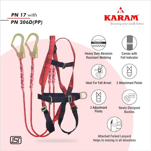 Image of KARAM Full Body Safety Harness (Class P) with Waist Belt for Fall Arrest & Work Positioning with Double Lanyard & Hook | Construction Harness & Fall Protection | PN17(PN206D)(PP)(000 131)(2.0M)