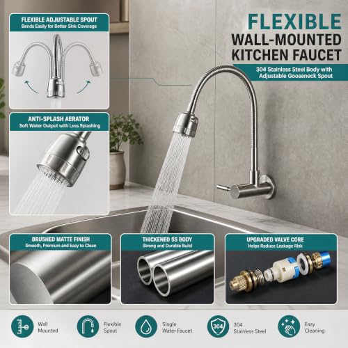 Image of InArt Wall Mounted Flexible Kitchen Faucet, Brushed Silver Gooseneck Sink Tap with Adjustable Spray Head, Single Lever, Anti-Splash Flow, 5 Year Leakage Warranty