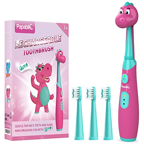 Papablic Kids Sonic Rechargeable Electric Toothbrush for Age 3+ with 4 Brush Heads, Cute Dino Cover, Timer, and Brushing Chart (Gina)