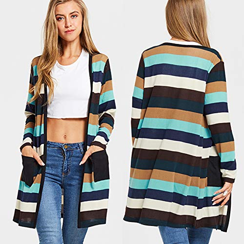 Romacci Cardigã feminino listrado longo com bolsos frontais abertos, Multicor, M
