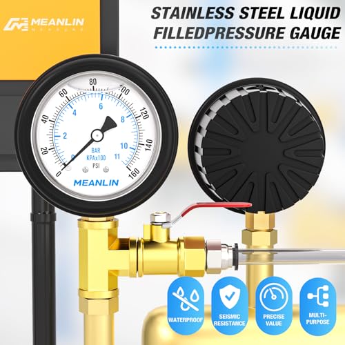 Image of MEANLIN MEASURE 0~160Psi Stainless Steel Liquid Filled Pressure Gauge 1 /4 inch NPT 2.5 inch FACE DIAL with Rubber Protective Sleeve, Lower Mount