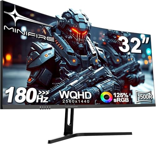 Minifire Monitor Gaming 32 pollici Curvo, PC Monitors Ultrawide WQHD(2560 x 1440), 180Hz, 1Ms, VA (1500R), UltraLarge, 2xHDMI 2.1 (144HZ), DP 1.2 (180Hz), AdaptiveSync, sRGB125%, DCI-P3 90%, Eye Care