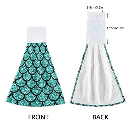 Kocoart Aquamarine Glitter Scales Kitchen Hand Towels Mermaid Fish Hanging Towel Dishcloths With Loop 2Pcs, Soft Super Absorbent Fingertip Towel For Bathroom Washroom Guestroom Hotel 12X17 In #TOP2