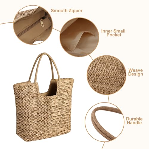 Image of Long Keeper Beach Bags for Women Summer Straw Bag with Zipper Woven Shoulder Handbag Beach Tote Bags for Travel Vacation