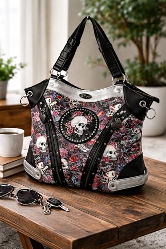 Bolso Hobo Ed Hardy Negro con Estampado Floral y Calaveras miniatura 3
