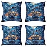 Erosebridal Set of 4 Sailboat Moon Pillow Covers,Nautical Pirate Ship Throw Pillow Covers 16x16 Inch for Sofa Bed Couch,Sail Boat Sailor Cushion Covers,Ocean Marine Decorative Pillow Covers