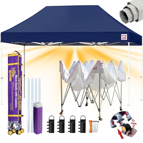 Image of Tradesparker 10x15 Pop Up Canopy Tent,Commercial Movable Canopy with ApexCore LED&Rugged Casters-Instant Easy Setup Shelter Canopies with Weight Bags&Stakes for Outdoor Events Markets,Navy Blue