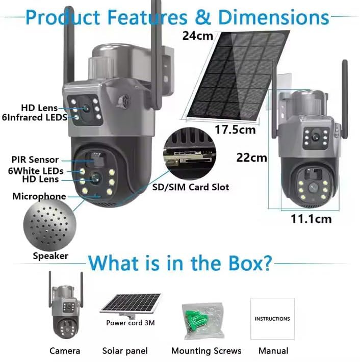 Image of DDLC 6MP Two Lens Solar Powered Outdoor Security Camera | 4G PTZ Camera for Home | Pan Tilt Zoom | Night Vision | Motion Detection | Solar Camera for Home Outdoor with Mobile App