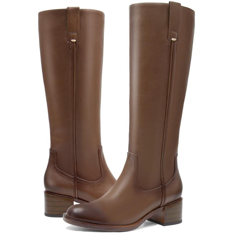 Image of Women's Knee High Boots Chunky Low Block Heel Round Toe Faux Leather Rinding Boots with Side Zip Fashion Tall Boots for Women