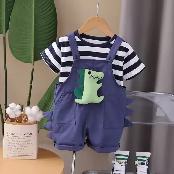 Bold N Elegant Kids Dinosaur Dungaree Set with Striped T-Shirt Cotton Summer Outfit for Infant Toddler Kids Boy Girl (Navy Blue, 6-12 Months) 4