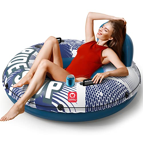 QPAU Inflatable River Tube, 0.4 mm Thickened Puncture-Resistant Heavy Duty River Float, River Raft with Ergonomic Backrest, Mesh Bottom & 2 Cup Holders for Family Friends Lake Float