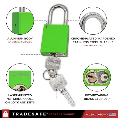 Image of TRADESAFE Lockout Tagout Locks Set - 10 Green Aluminum Loto Locks, Lock Out Tag Out Padlocks Keyed Alike, 2 Keys Per Lockout Padlock, OSHA Compliant