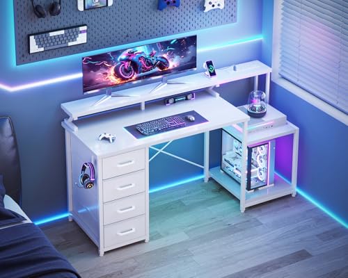 Image of ODK 55 Inch Gaming Computer Desk with Power Outlets and 4 Drawers, Large Home Office Desk with Monitor Stand, Printer Shelf and Storage Shelves for Gaming or Bedroom Setup, White