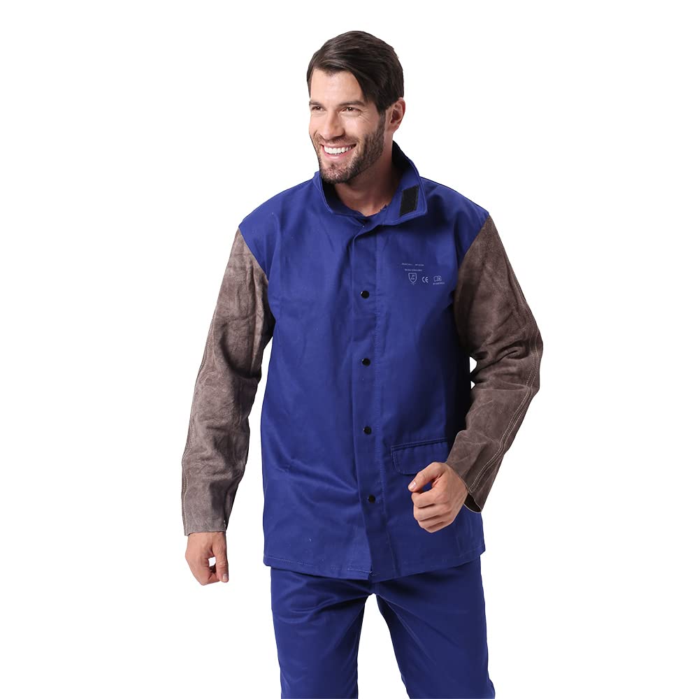 Welding Jacket Flame/Heat/Abrasion Resistant Hybrid Cowhide Leather & Flame Retardant Cotton Long Sleeve Worker Jacket Welding Apparel for Welding Protection (XL)