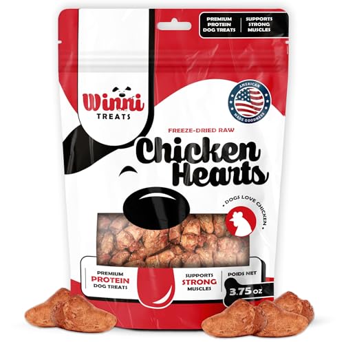 Winni Treats Freeze Dried Chicken Hearts for Dogs â Single Ingredient, High Protein, No Additives, Natural & Grain-Free Raw Dog Treats Natural â Ideal for Treats, Training & Rewarding â 3.75oz Bag