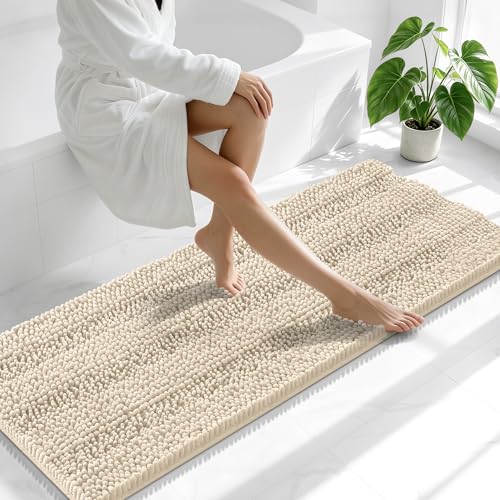 Image of Smiry Thick Chenille Bathroom Runner Rugs 59x20, Absorbent Striped Bath Mat, Machine Washable, Rubber Backing, Extra Long Bath Rugs for Tub & Shower, Modern Home Decor Accessories, Sand