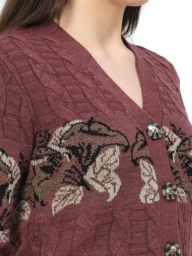 Image of Kalt Women Sweater for Winter Woolen Acrylic Full Sleeves V Neck Floral Design Cardigan Sweater for Women