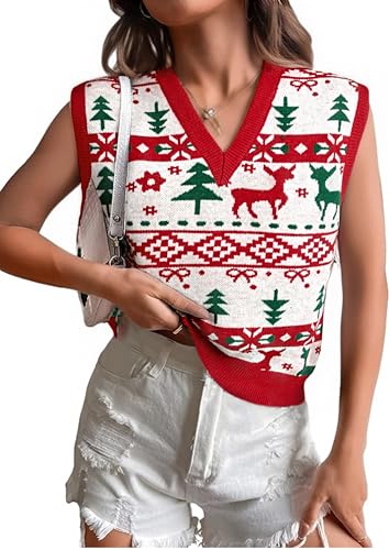 Image of JULYCLO Christmas Sweater Vest Women Ugly Xmas Reindeer Knit Sweaters Casual Santa Snowflake V Neck Sleeveless Outwear Tops
