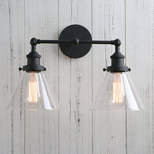 Image of Industrial Double Sconce 2-Lights Wall Sconces with Dual Funnel Clear Glass Shade Wall Sconce for Mirror Hallway Bedroom, Hardwired, E26 Base (Black)