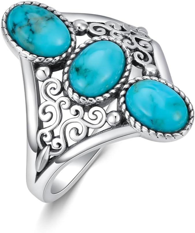 Turquoise Rings for Women 925 Sterling Silver 3 Stones Genuine Turquoise Vintage Western Statement Ring Jewelry Gifts for Birthday