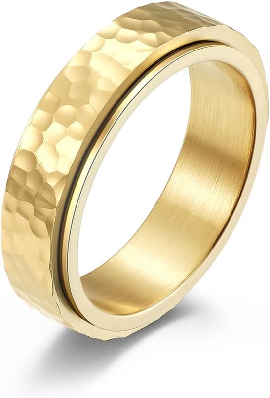 Fidget Ring for Anxiety Stainless Steel Silver/Gold Stress Relief Spinner Ring for Women Men Hammered Finish