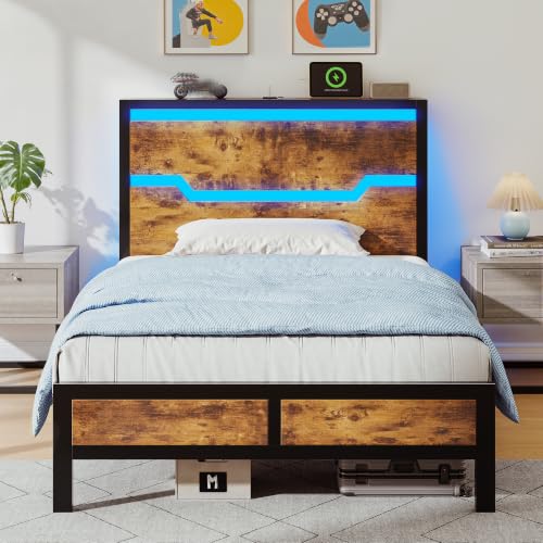 Image of Homkdom Twin Metal Bed Frame with LED Storage Headboard & USB Outlets Brown | Underbed Storage for Saving Space, Noise-Free Quiet Sleep Setup for Teens Room, College Dorms & Small Studio Apartments