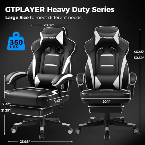 GTPLAYER Gaming Chair with Footrest, Big and Tall Game Chair 350lb Racing Style Computer Chair, Ergonomic Executive Office Chair High Back with Lumbar Support and Recliner, White