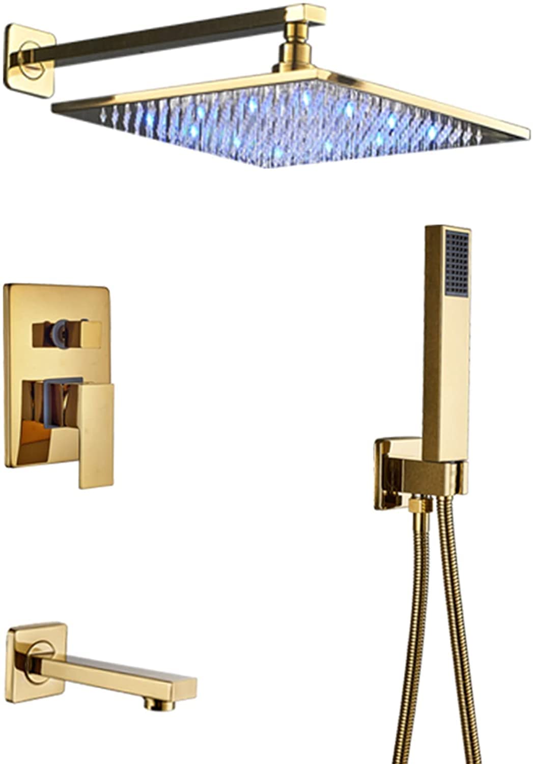 Système de douche dissimulé or luxe avec ciel de pluie LED et douchette