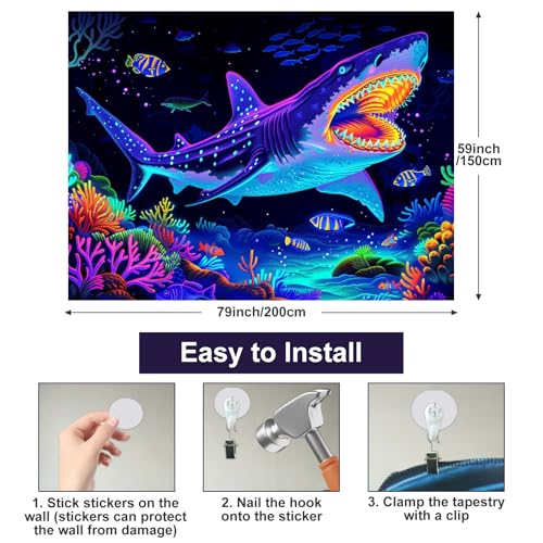 Image of BlissYard Blacklight Shark Tapestry Glow In The Dark UV Reactive Wall Hanging With Neon Underwater Ocean Scene Psychedelic Black Light Tapestries For Bedroom Party Decor 78x59 Inch