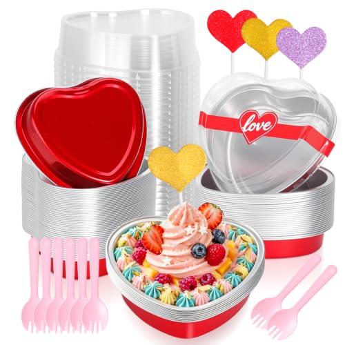 HEYYUMI 25 Pack 9oz Heart Shaped Cake Pans with Lids,Red Heart Foil Pans