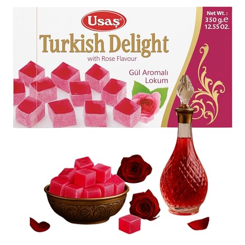 Delicias turcas 350g | Sin gluten | sabor a rosa de Usas | Confitería tradicional de lujo | Vegano, Halal, El Mejor Lokum Turco, Loukoumi, Turkish delight (350g Sabor a Rosas)