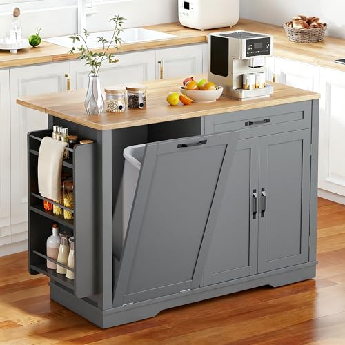YITAHOME 50 Inch Kitchen Island with Drop Leaf, Rolling Island with Trash Can Storage, Portable Mobile Islands Table on Wheels, Fit 13 Gallon Garbage Bin, Retro Grey