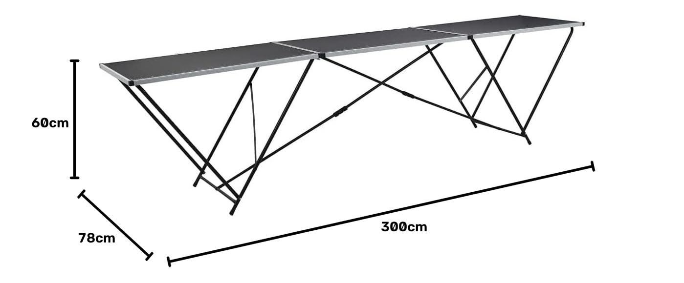 Table à tapisser pliable 300 x 60 cm, table multifonction avec marquage de règle, table de camping stable en MDF et aluminium pour travaux manuels, travaux de tapisserie, jardin