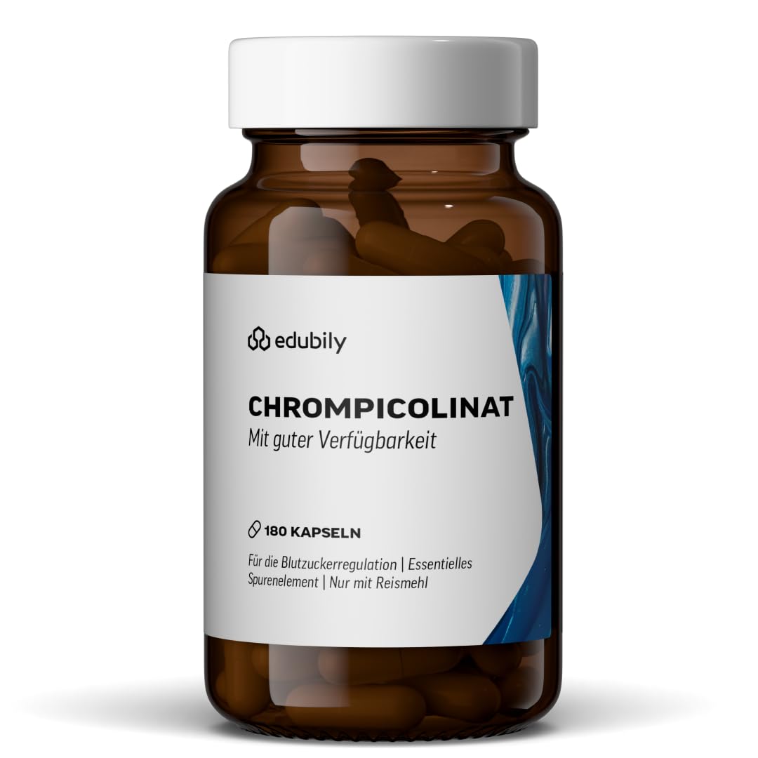edubily® Chrom Picolinat Kapseln - 60 µg Chrompicolinat pro Kapsel - Vegan - Laborgeprüft - Im Braunglas (180 Kapseln)