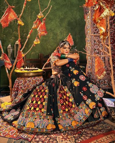 Women’s Navratri Lehenga Choli with Dupatta-Digital Printed Multi-Color Traditional Outfit for Wedding&Festival-V144