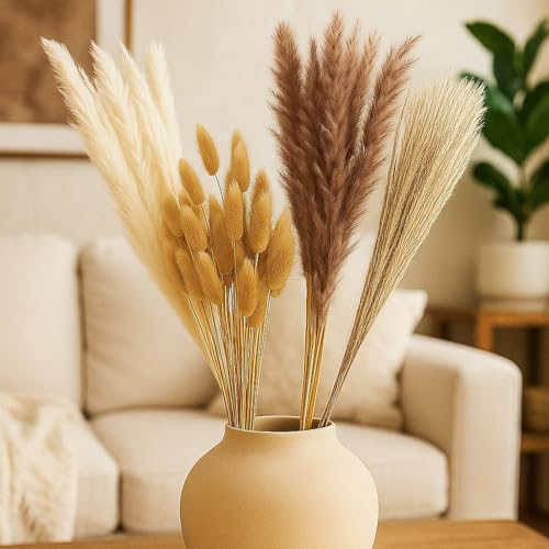Image of TIED RIBBONS Set of 100 Pcs Natural Dried Pampas Grass Contains Real Rabbit Bunny Tail Reed Pampas - Boho Bouquet Artificial Flowers for Table Vase, Party Wedding & Home Decoration (17 inch Length)