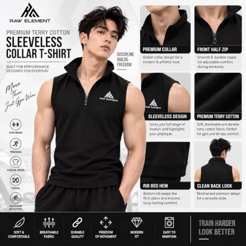 Image of Men's Sleeveless Half Zip Gym T-Shirt - Black Stand Collar Athletic Training Top | Regular Fit Sports Tank Top