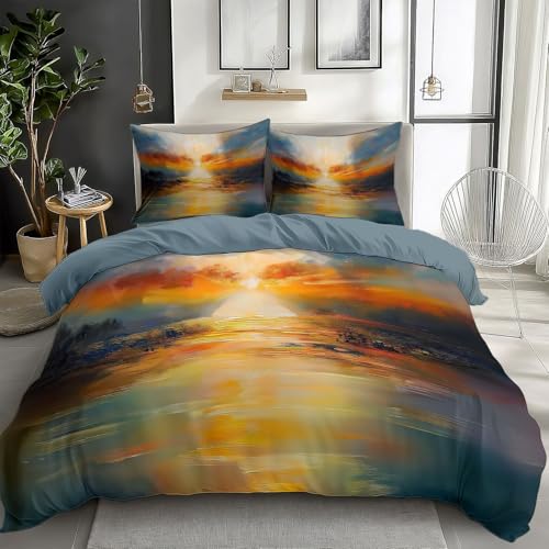 Blue-Orange Bedding Sets Sunrise Sun Reflection Print Duvet Cover Set, Comforter Cover Full Size Soft Breathable Reversible 3-Piece Bedding for Kids Teens