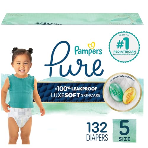 pampers pure protection baby diapers size 5 27 lbs 132 count up to 100 leakproof premium plant-based skin protection hypoallergenic soft diapers