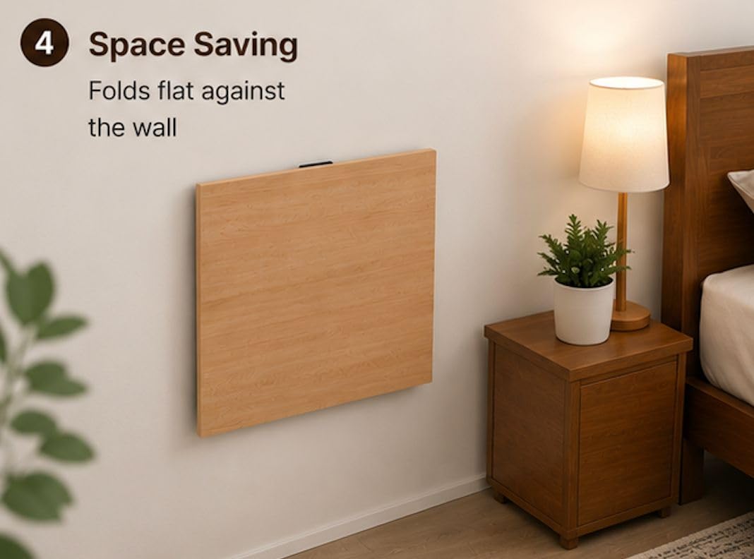 Kawachi Engineered Wood Wall Mount Bed Side Table, Folding Bedside Table, Mini Laptop Table for Home Living Room Study Room Beige 3